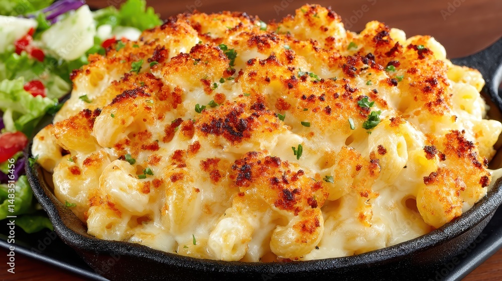 Delicious plate of macaroni and cheese served in a rustic skillet in a cozy kitchen setting with warm lighting Delicious plate of macaroni and cheese served in a rustic skillet in a cozy kitchen setting with warm lighting