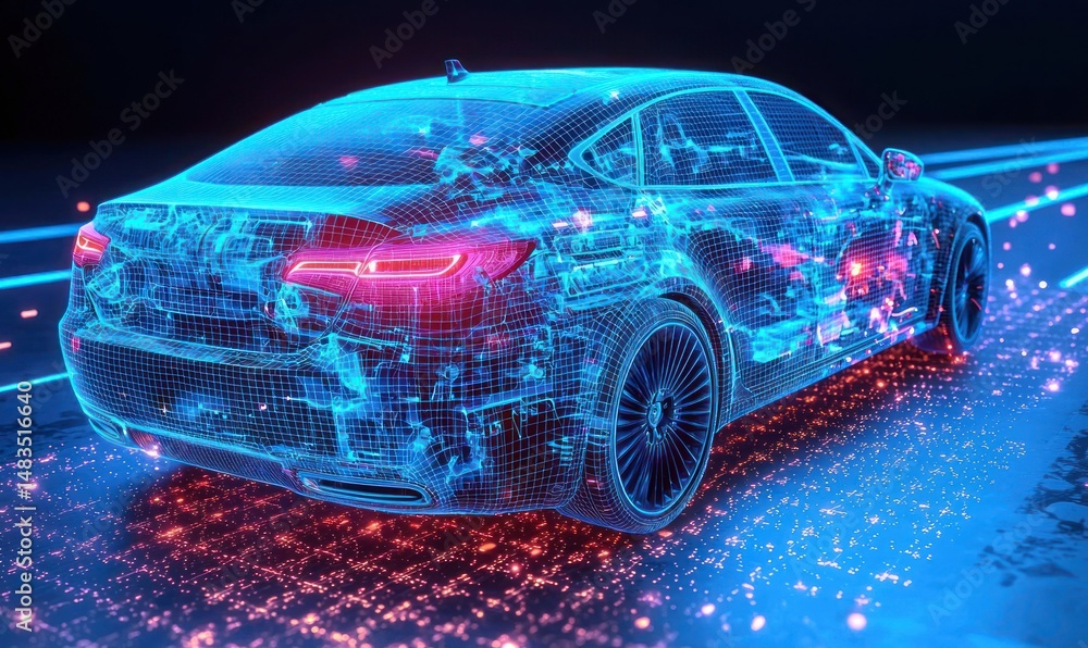 Futuristic car design, wireframe model, glowing, digital, technology, speed, motion Futuristic car design, wireframe model, glowing, digital, technology, speed, motion