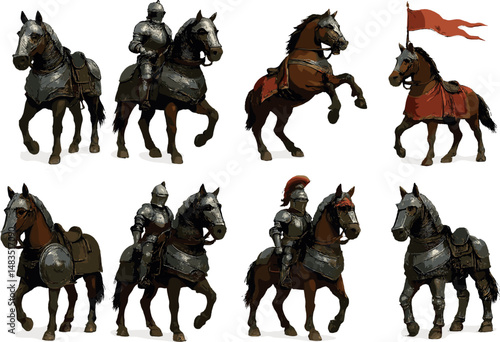 Armored war horses icons set – silhouette, medieval and knight symbols collection