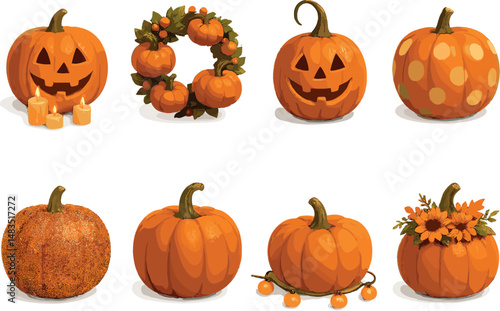 Halloween pumpkin icons set – 3d, festive autumn and jack-o'-lantern symbols