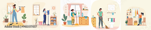 Flat Vector Illustration of Women Cleaning Different Rooms in the House - Bathroom, Kitchen, and Living Room