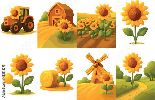 Sunflowers and farm icons set – linear, agriculture and rural life symbols