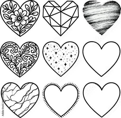 Decorative heart designs icons set – outline, romantic and love symbols
