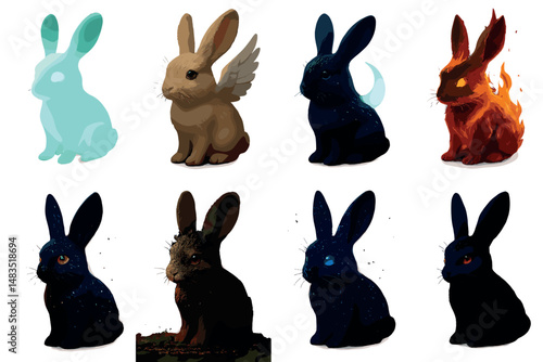 Elemental fantasy rabbits icons set – silhouette, mythical and whimsical design elements