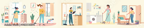 Flat Vector Illustration of Women Cleaning Different Rooms in the House - Bathroom, Kitchen, and Living Room