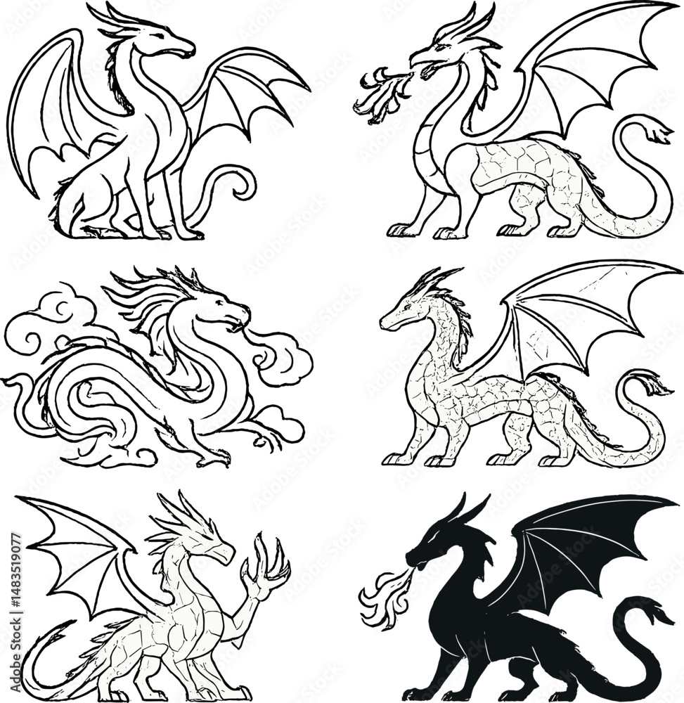 Fototapeta premium Dragon silhouettes icons set – elegant, mythical and fantasy creature symbols