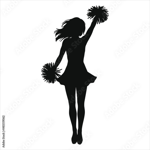 Energetic Cheerleader Vector Silhouette against a Light Background/A dynamic silhouette of a cheerleader mid-leap, holding pom-poms aloft.
