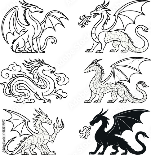 Dragon silhouettes icons set – elegant, mythical and fantasy creature symbols