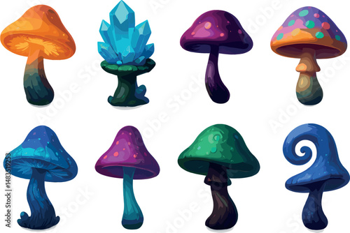 Fantasy mushroom icons set – glowing, flat and magical fungi symbols