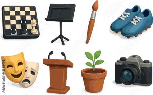 Extracurricular activities icons set – 3d, hobbies and interests symbols collection