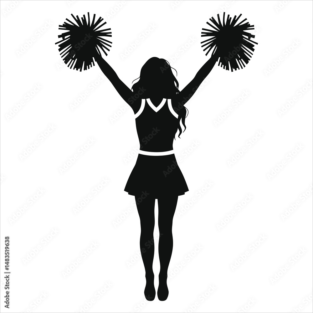 Black and white vector silhouette of a cheerleader with pom-poms./A simple, impactful silhouette of a female cheerleader with pom-poms. Black and white vector silhouette of a cheerleader with pom-poms./A simple, impactful silhouette of a female cheerleader with pom-poms.