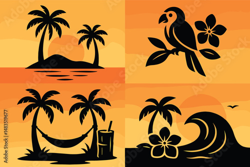 Tropical island vibes icons set – silhouette, beach, paradise graphic symbols