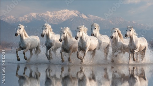 Seven running white horses wall painting mountain morning view background. Majestic and powerful scene with splashing effects. Wallpaper concept.