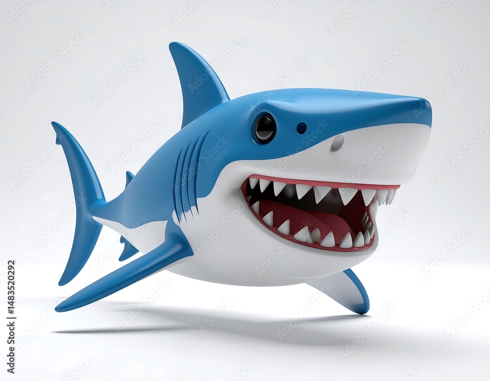 Cartoon Shark Smiling with Open Mouth and Sharp Teeth Against White Background Cartoon Shark Smiling with Open Mouth and Sharp Teeth Against White Background