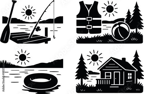 Outdoor adventure silhouette icons set – nature, camping and lakefront essentials
