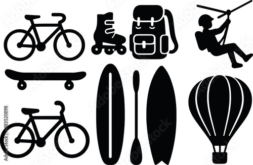 Summer adventure silhouette icons set – activities, outdoor and travel symbols