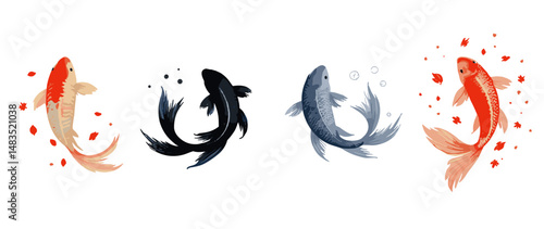 Sumi-e style koi fish illustration set with expressive brushwork, cherry blossom petals, and Zen-inspired Japanese ink art on white background (3)