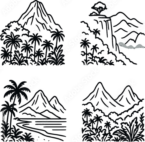 Tropical mountain silhouettes icons set – silhouette, nature and landscape symbols