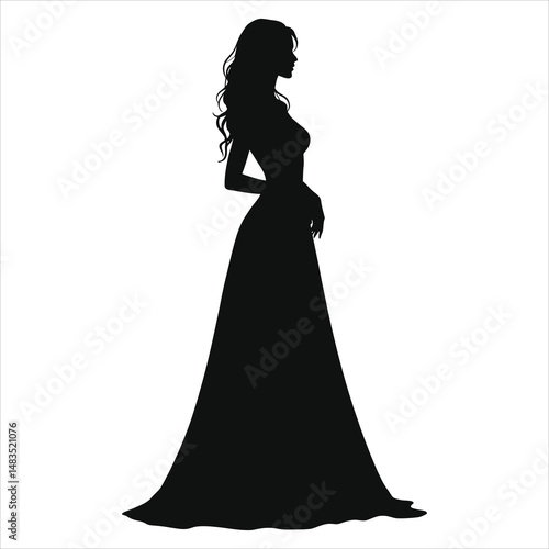 Vector Silhouette of a Woman( Gothic style dress)in a Long Gown/A sophisticated silhouette of a woman in a flowing, long gown.