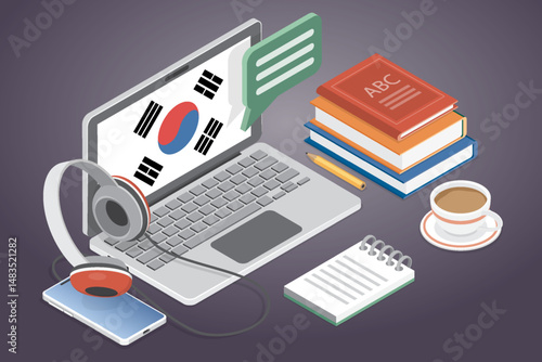 Korean language lessons. Online language courses concept. Internet class, e learning, distance education, remote school, university. 3d flat isometric vector illustration.