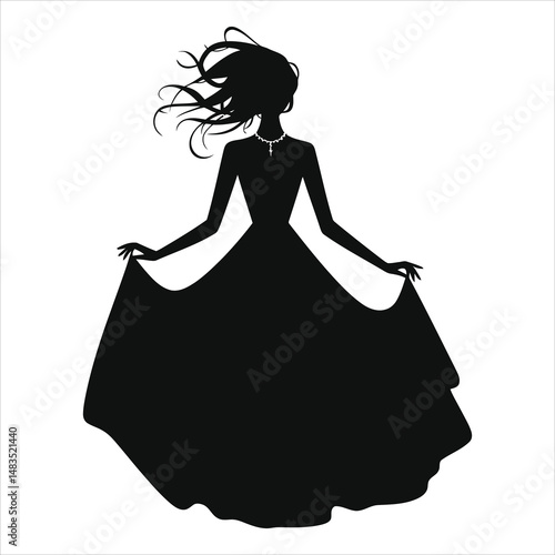 Vector Silhouette of a Woman( Gothic style dress) in a Flowing Gown/A stylish silhouette of a woman in a flowing gown, her hair blowing in the wind.