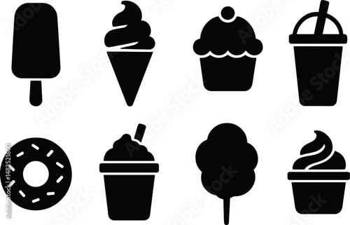 Summer snacks silhouette icons set – simple, treats and dessert symbols