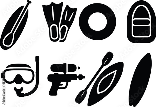 Summer water fun icons set – silhouette, beach activities and aquatic recreation graphics