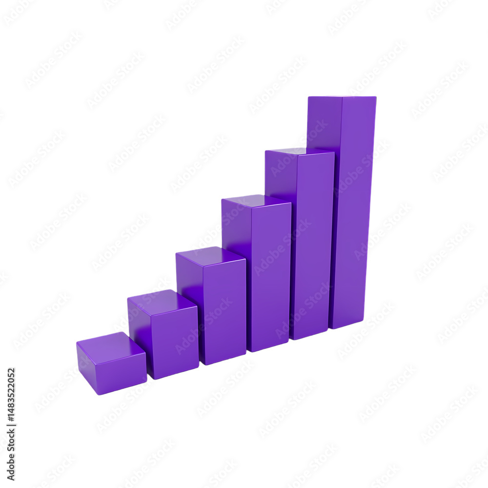 A purple bar graph showing an upward trend in a digital rendering isolated on transparent background A purple bar graph showing an upward trend in a digital rendering isolated on transparent background