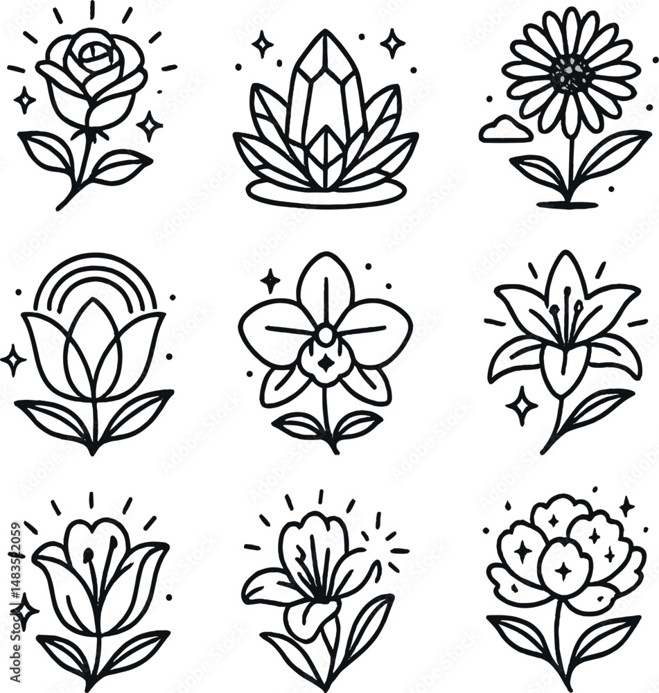 Fantasy floral icons set in simple outline – botanical symbols for nature-inspired design Fantasy floral icons set in simple outline – botanical symbols for nature-inspired design