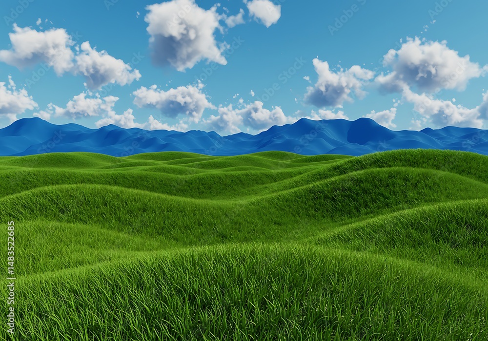 Fototapeta premium Serene 3D Render: Lush Green Hills & Blue Mountains