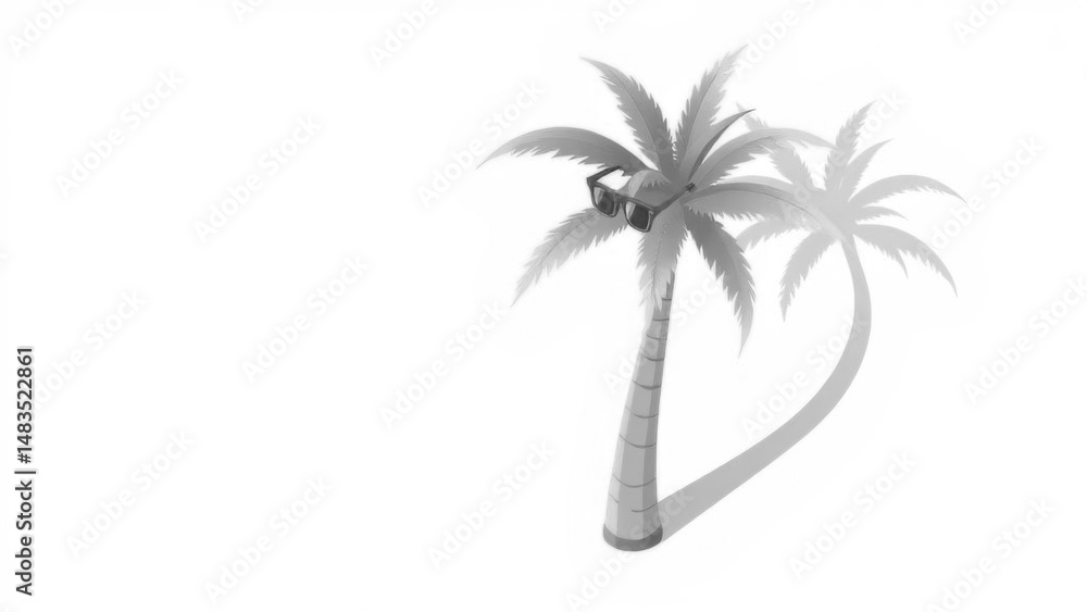 Obraz premium 3D palm tree with sunglasses casts shadow, summer tropical vibe