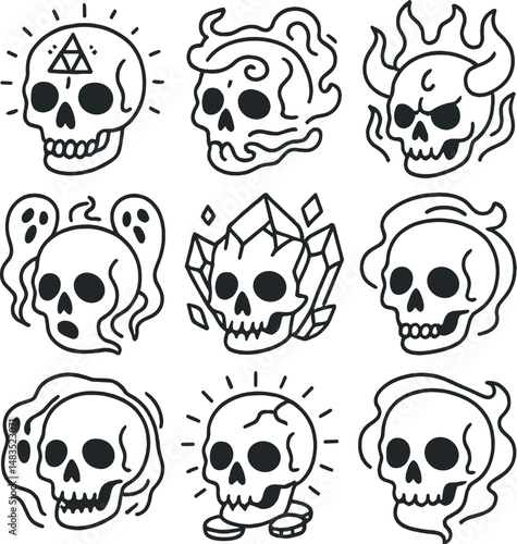 Magical skull icons set – outline, mystic and spooky decorative designs