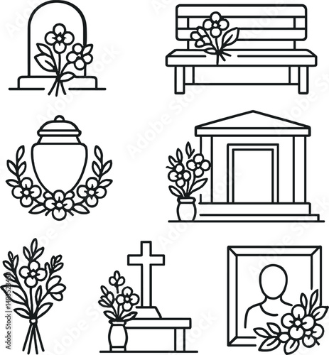 Funeral and memorial line icons set – minimalist, burial and remembrance symbols