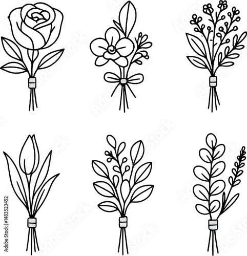 Minimalist floral boutonnieres icons set – line, wedding and botanical design elements