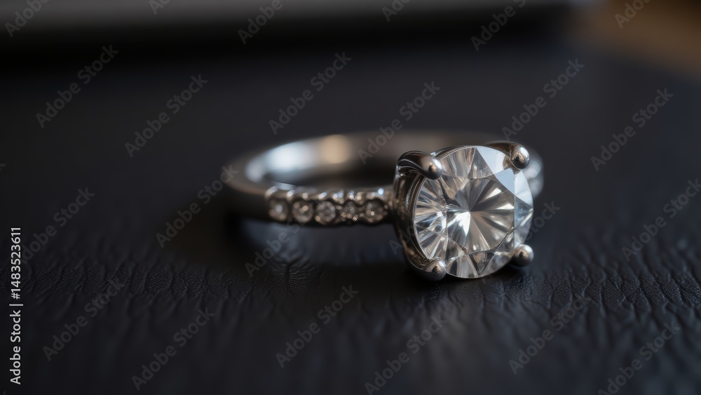 Elegant Diamond Engagement Ring: Round Cut Solitaire with Pave Band on Black Surface Elegant Diamond Engagement Ring: Round Cut Solitaire with Pave Band on Black Surface