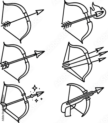 Archery and weaponry icons set – outline, bow, and arrow design symbols