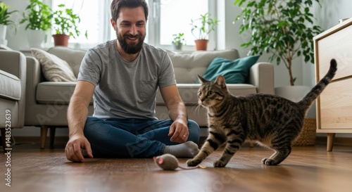 Man playing with a cat in a cozy living room filled with plants and furniture