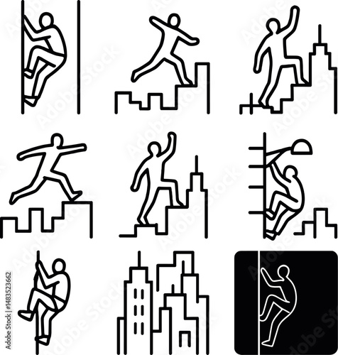 Urban climbing icons set – silhouette, cityscape and adventure graphics