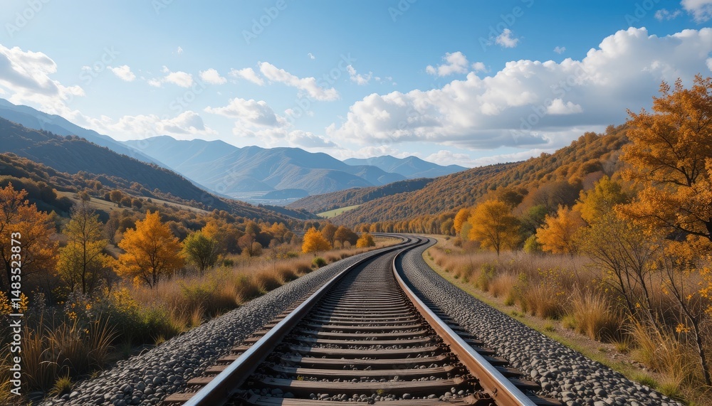 Fototapeta premium Autumnal Railroad Journey Through Majestic Mountains