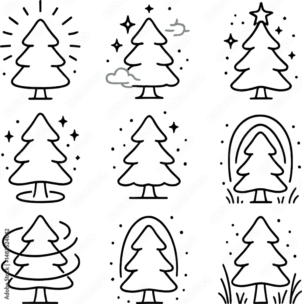 Christmas tree icons set – outline, holiday and festive decoration symbols Christmas tree icons set – outline, holiday and festive decoration symbols