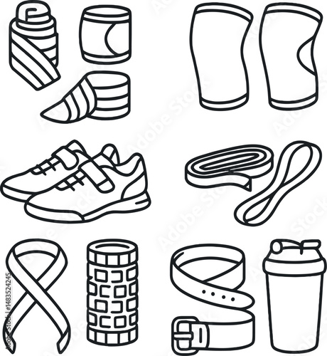 Gym gear icons set – line, fitness equipment and workout essentials symbols