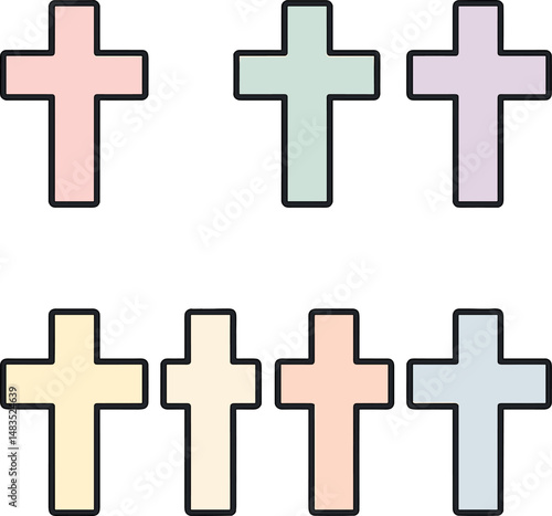 Pastel crosses icons set – line, religious and spiritual symbol collection
