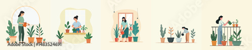 Woman Watering Indoor Plants - Home Gardening and Sustainable Lifestyle Concept Illustration