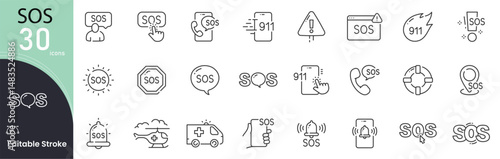 SOS related icon collections. Containing SOS, Help, Emergency, Alert, Rescue, Danger, Assistance, Warning, Safety, and Support icons. Editable icons. Outline icon .