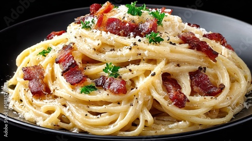 Delicious spaghetti carbonara served on a plate with crispy bacon and creamy parmesan cheese sauce
