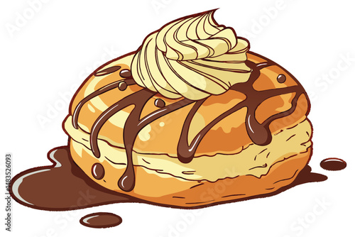 122 Highly detailed, hyper-realistic digital illustration, warm chocolate drippings, delectable cream topping, freshly baked pastry, golden caramelized exterior, luscious crumb texture, vibrant color 