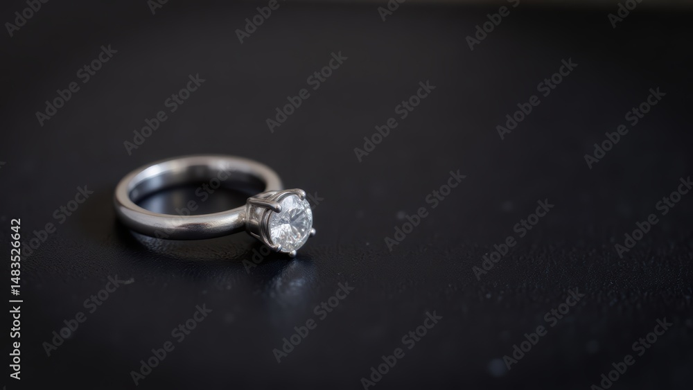 Elegant Solitaire Diamond Ring on Dark Surface, Close-Up Bridal Jewelry, Wedding Engagement Ring Elegant Solitaire Diamond Ring on Dark Surface, Close-Up Bridal Jewelry, Wedding Engagement Ring