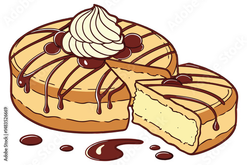122 Highly detailed, hyper-realistic digital illustration, warm chocolate drippings, delectable cream topping, freshly baked pastry, golden caramelized exterior, luscious crumb texture, vibrant color 