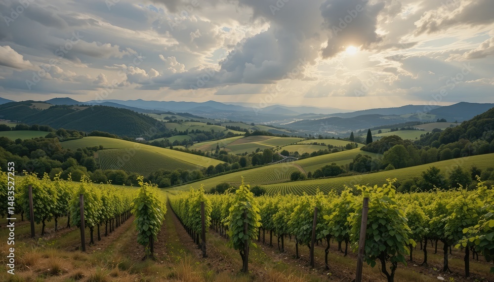 Naklejka premium Vineyard Landscape: Serene Rolling Hills and Sunlit Grapes