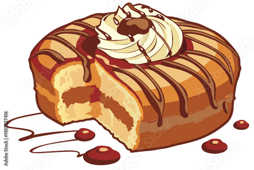 122 Highly detailed, hyper-realistic digital illustration, warm chocolate drippings, delectable cream topping, freshly baked pastry, golden caramelized exterior, luscious crumb texture, vibrant color 